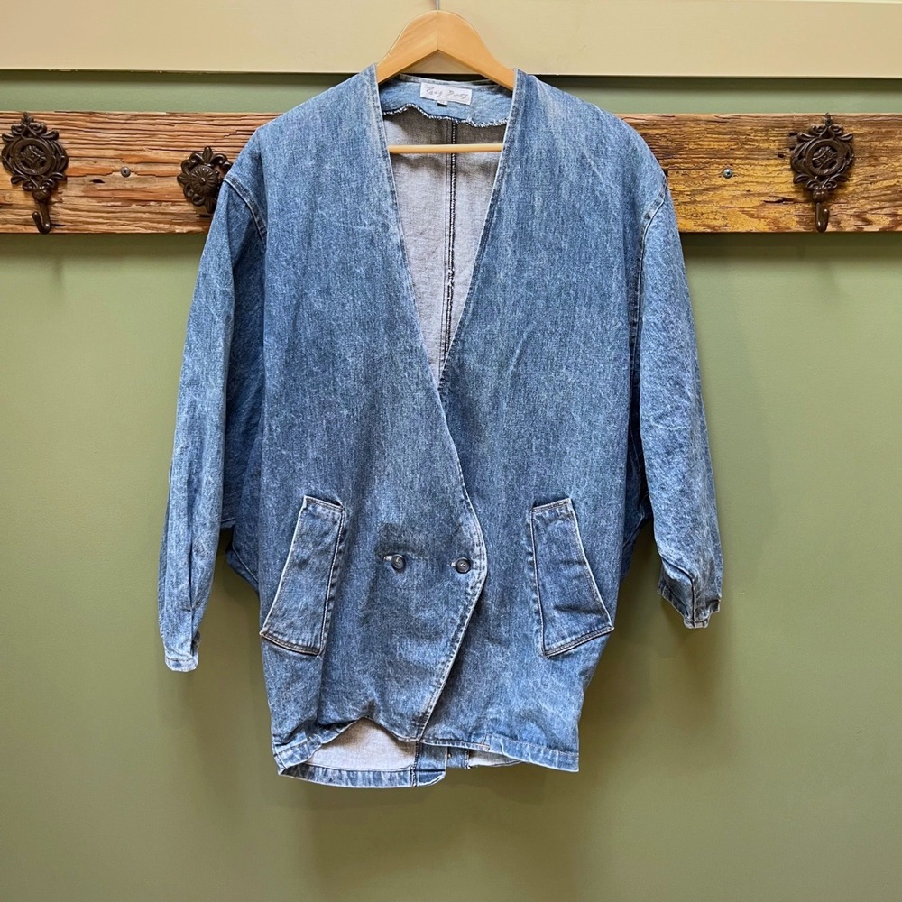 Paris Blues Vintage 80s Acid Wash Denim Jacket Dolman Sleeve Double‎ Breasted M